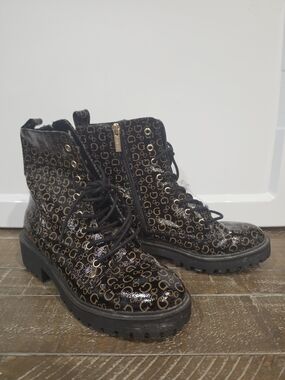 Guess Black Patent Lace-Up Boots with Gold Logo Print